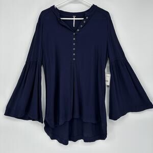 Free People Shirt Womens Medium Blue Bell Sleeve Henley Tunic Top Boho High Low